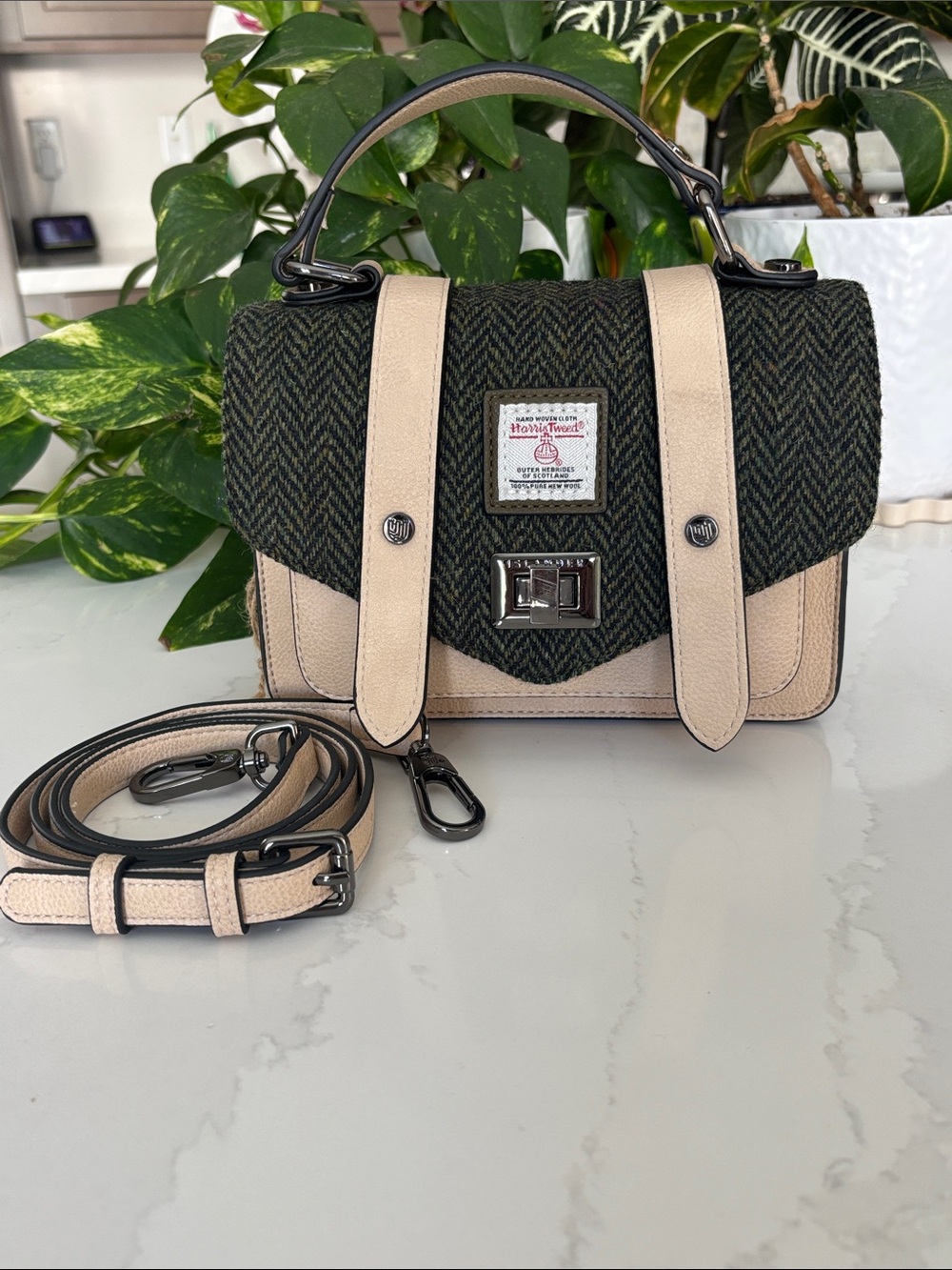 Harris Tweed Islander Olive Green And Ivory Herringbone Satchel Crossbody Bag - Picture 2 of 15